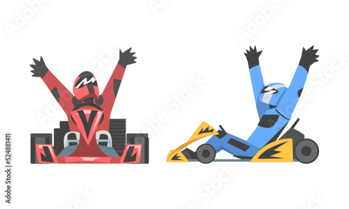 Professional racing driver celebrating victory while sitting in race car set cartoon vector illustration