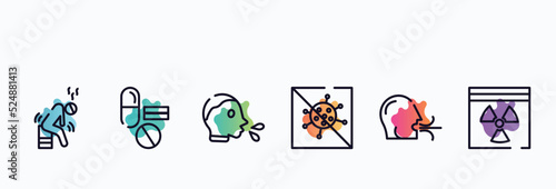 outline icons set. thin line icons such as weak, medicine, cover cough, antiviral, breath, hazmat icon collection. can be used web and mobile.