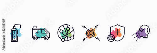 outline icons set. thin line icons such as liquid soap, ambulance, , pain, immune, sneezing icon collection. can be used web and