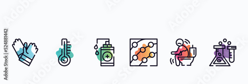 outline icons set. thin line icons such as gloves, temperature, hand sanitizer, dermatitis, diarrhea, medical laboratory icon collection. can be used web and mobile.