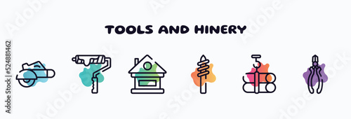 tools and hinery outline icons set. thin line icons such as electric saw, brush for painting, lodge, drill tip, tubes hook, nippers icon collection. can be used web and mobile.