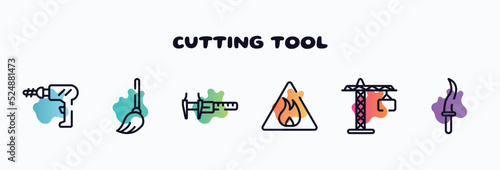 cutting tool outline icons set. thin line icons such as perforator, mop, calipers, inflamable, null, kirpan icon collection. can be used web and mobile.