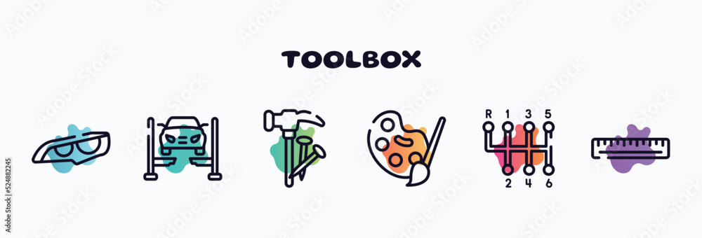 toolbox outline icons set. thin line icons such as headlights, car lift, hammer and nail, pallete, gear stick, school ruler icon collection. can be used web and mobile. toolbox outline icons set. thin line icons such as headlights, car lift, hammer and nail, pallete, gear stick, school ruler icon collection. can be used web and mobile.