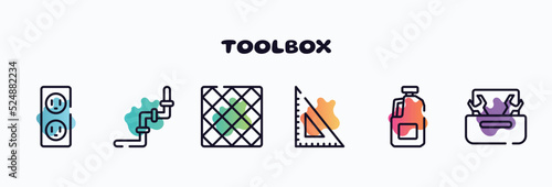 toolbox outline icons set. thin line icons such as electric socket, junction, tile, null, gallon oil, nuts and bolts icon collection. can be used web and mobile.