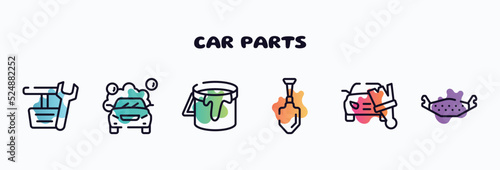 car parts outline icons set. thin line icons such as pedals, car wash, open paint bucket, gardening palette, car painting, brake pad icon collection. can be used web and mobile.