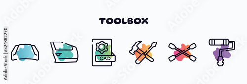 Fototapeta Naklejka Na Ścianę i Meble -  toolbox outline icons set. thin line icons such as hood, car door, cad, repair tools cross, lug wrench, painter roller icon collection. can be used web and mobile.