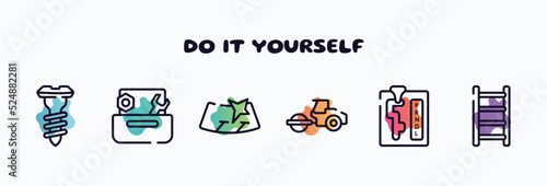 do it yourself outline icons set. thin line icons such as screw, wrench and nut, windshield, steamroller, automatic transmission, ladder icon collection. can be used web and mobile.