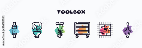 toolbox outline icons set. thin line icons such as seat belt, ecologic light bulb, garage screw, garage wrench, motherboard, garden palette icon collection. can be used web and mobile.