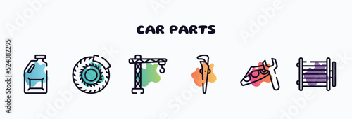car parts outline icons set. thin line icons such as jerrycan, brake disc, lifter, adjustable spanner, headlight, condenser icon collection. can be used web and mobile.