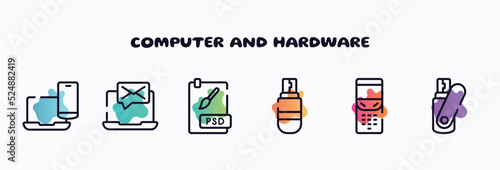 computer and hardware outline icons set. thin line icons such as multiple resolutions, message on laptop, psd file, usb drive, folding phone, flash card icon collection. can be used web and mobile.