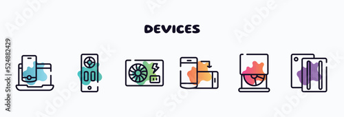 devices outline icons set. thin line icons such as laptop and smartphone, remote, psu, rotate smartphone, cd drive, case icon collection. can be used web and mobile.