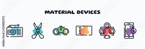material devices outline icons set. thin line icons such as radio alarm, scissors tool, binoculars tool, text entry box, three users, add phone icon collection. can be used web and mobile.