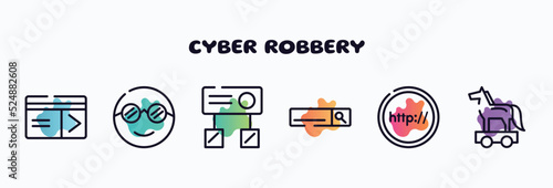 cyber robbery outline icons set. thin line icons such as keycard, nerd, hub, search bar, http, trojan horse icon collection. can be used web and mobile.