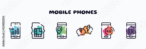 mobile phones outline icons set. thin line icons such as 4g phone connection, phone chip, , anger, 4g technology, card of phone icon collection. can be used web and