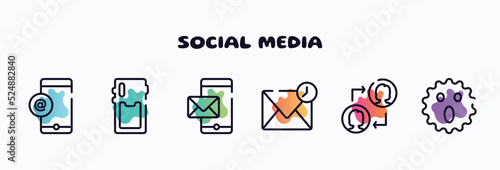 social media outline icons set. thin line icons such as mobile email, phone card back, mobile with envelope, drafts, people connection, surprised icon collection. can be used web and mobile.