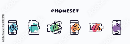 phoneset outline icons set. thin line icons such as incoming call, card black tool shape, hand holding a cellphone, silence interface phone, phone battery, phone variant shape icon collection. can