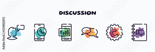 discussion outline icons set. thin line icons such as monologue, call by mobile phone, , chat bubbles with ellipsis, tweet, complaints book icon collection. can be used web and mobile.