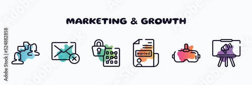 marketing & growth outline icons set. thin line icons such as job interview, deleted, pattern lock, wanted, virtual reality glasses, projection icon collection. can be used web and mobile.