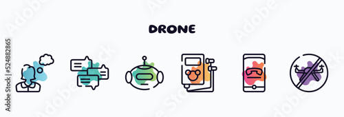 drone outline icons set. thin line icons such as thoughtful, debate, bot, , hang, no drone zone icon collection. can be used web and mobile.