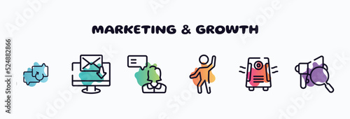 marketing & growth outline icons set. thin line icons such as backup, electronic mail, testimonial, enjoy, air purifier, expertise icon collection. can be used web and mobile.