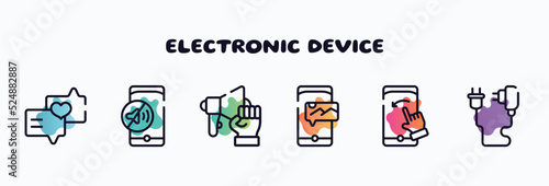 electronic device outline icons set. thin line icons such as love message, no sound, strenght, mms, swipe left, phone charger icon collection. can be used web and mobile.