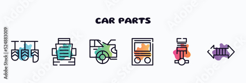 car parts outline icons set. thin line icons such as car pedal, car bucket seat, boot, fascia (british), piston, indicator icon collection. can be used web and mobile.