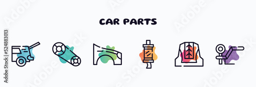 car parts outline icons set. thin line icons such as car taiate, car camshaft, fender (us, canadian), silencer, cowl, towbar icon collection. can be used web and mobile.