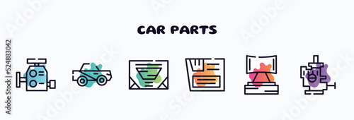 car parts outline icons set. thin line icons such as car carburettor, car soft top, sunroof or sunshine roof, glove compartment, headrest, choke icon collection. can be used web and mobile.