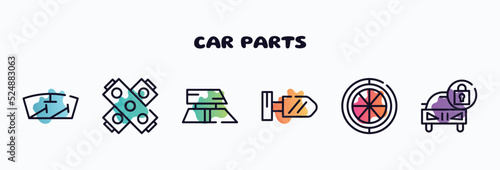 car parts outline icons set. thin line icons such as car windscreen, car gasket, roof, wing mirror, spare wheel, lock icon collection. can be used web and mobile.