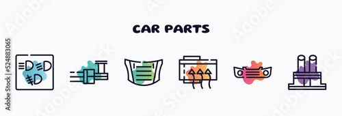 car parts outline icons set. thin line icons such as car dashboard, car distributor, bonnet, demister, bumper, distributor cap icon collection. can be used web and mobile.
