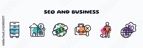 seo and business outline icons set. thin line icons such as cabinet, reit, best price, not search, prisoner, official icon collection. can be used web and mobile.