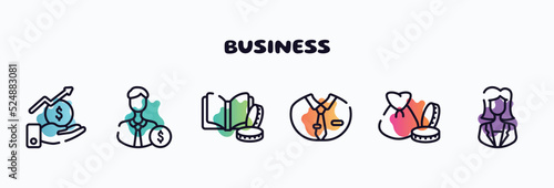 business outline icons set. thin line icons such as stock market, backer, finance book, dress code, capital, businesswoman icon collection. can be used web and mobile.