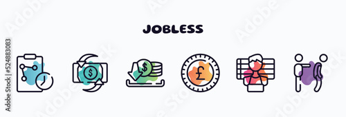 jobless outline icons set. thin line icons such as real time strategy, return on investment, earning, pound sterling, suspect, fired icon collection. can be used web and mobile.