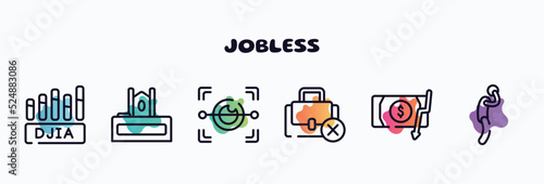 jobless outline icons set. thin line icons such as null, judge chair, eye scan, unemployed, inflation, depressed icon collection. can be used web and mobile.