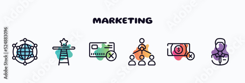 marketing outline icons set. thin line icons such as free trade, shortcut, no credit card, organization chart, no money, shop assistant icon collection. can be used web and mobile.