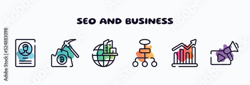 seo and business outline icons set. thin line icons such as accounts, pick, headquarters, flow chart, demand, video marketing icon collection. can be used web and mobile.