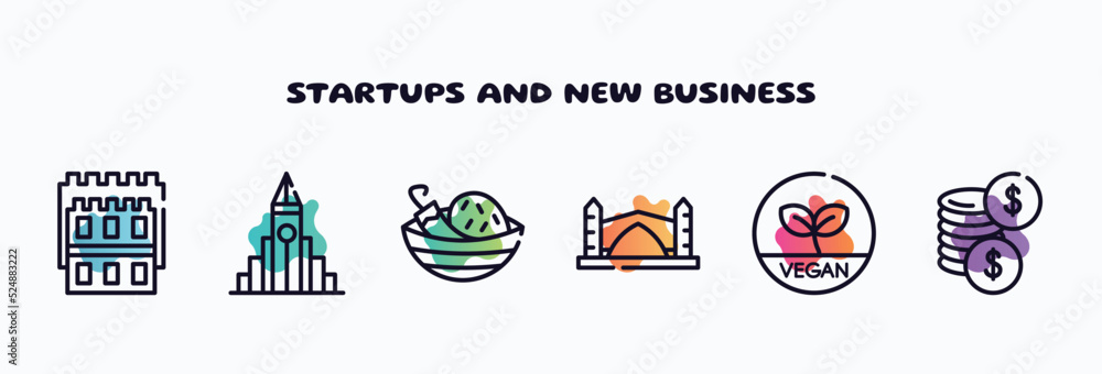 Naklejka premium startups and new business outline icons set. thin line icons such as white tower of thessaloniki, , spicy food, stari most, vegetarian, dollar coins icon collection. can be used web and mobile.