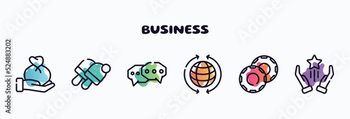 business outline icons set. thin line icons such as wage, , chat bubble, worldwide, casino chip, advantage icon collection. can be used web and mobile.