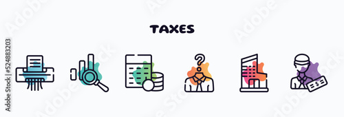 taxes outline icons set. thin line icons such as paper shredder, data analysis, budgeting, anonymity, department, officer icon collection. can be used web and mobile.