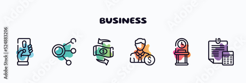 business outline icons set. thin line icons such as penalty, coworking, convert, banker, old watch, estimate icon collection. can be used web and mobile.