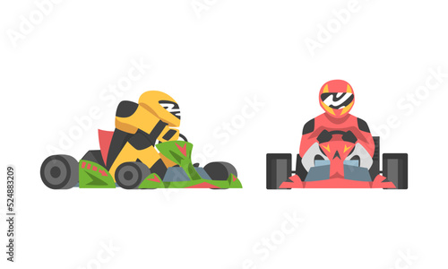 Set of professional racing driver in uniform sitting in race car cartoon vector illustration
