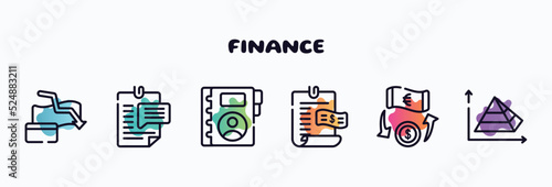 finance outline icons set. thin line icons such as bankrupt, enquiry, contact book, bills, money transfer, pyramid chart icon collection. can be used web and mobile.