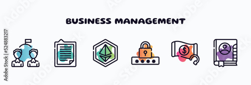 business management outline icons set. thin line icons such as competitor, explanation, , pin code, refund, address book icon collection. can be used web and mobile.