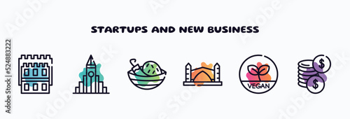 startups and new business outline icons set. thin line icons such as white tower of thessaloniki, , spicy food, stari most, vegetarian, dollar coins icon collection. can be used web and mobile.