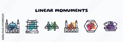 linear monuments outline icons set. thin line icons such as blue mosque, hall of supreme harmony, zakim bridge, chartres cathedral, wifi connection, dprmpr building icon collection. can be used web