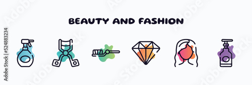 beauty and fashion outline icons set. thin line icons such as hair spray bottle, eyelash curler, teeth brush, big diamond, modern haicut, hand soap icon collection. can be used web and mobile. photo