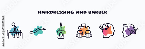 hairdressing and barber outline icons set. thin line icons such as physiotherapy, eyebrow, parfum bottle, consultation, mindfulness, hairstyle icon collection. can be used web and mobile.
