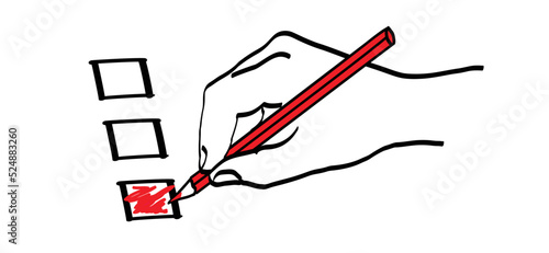 To do list, Bucket list or for election. Hand holding red pencil with red cross, line pattern. Line draw brushes. Check mark, pen icon or symbol. Crayons colored pencil.