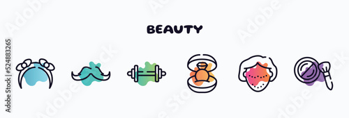 beauty outline icons set. thin line icons such as headbands, big mustache, weightlift, ring in box, botox, cheek brush icon collection. can be used web and mobile.