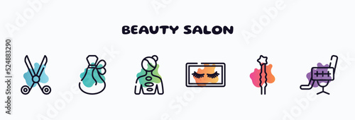 beauty salon outline icons set. thin line icons such as hairdresser scissors, french perfume, hot stone massage, false eyelashes, two hairpins, beauty salon chair icon collection. can be used web